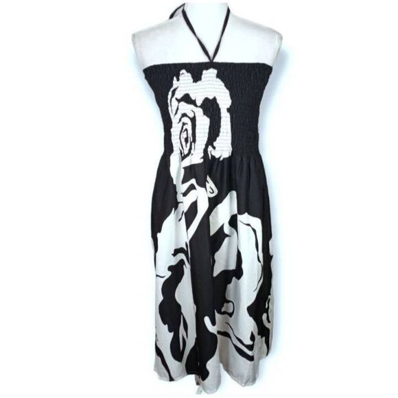 GYPSY BLU BLACK & WHITE WOMEN DRAWSTRING ELASTIC SHORT TUBE DRESS SZ.M EUC. - Picture 5 of 11